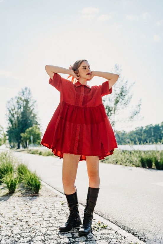 Červené ľanové babydoll šaty