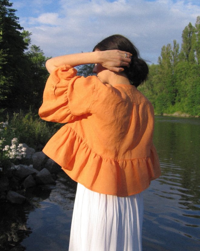 Oranžová ľanová maxi volánová košeľa