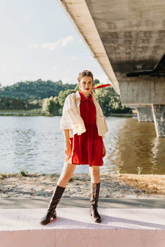 Červené ľanové babydoll šaty